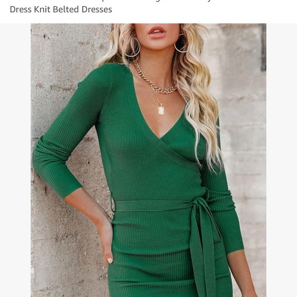 Women’s wrap neck long sleeve body con midi sweater dress knit belted dress S - Picture 7 of 8